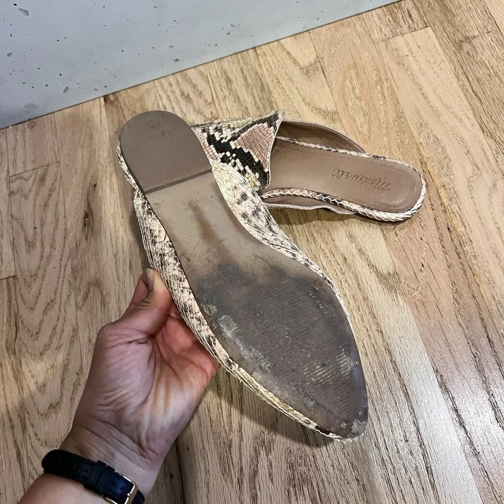 Madewell Snake Print Leather Mules Slip On Flats Womens 7.5 Neutral